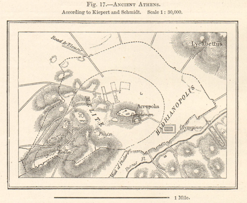 Ancient Athens according to Kiepert and Schmidt. Greece sketch map 1885